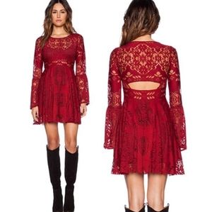 Free People Lover's Folk Song Red Lace Crochet Bell Sleeve Dress L